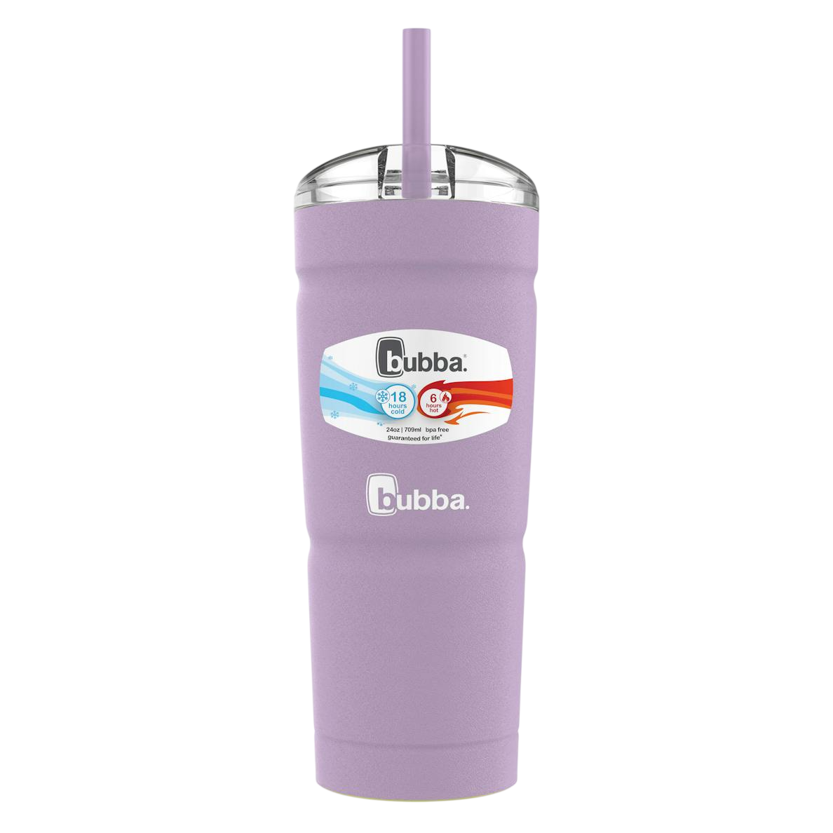 A lavender Bubba travel tumbler with a clear lid and straw, featuring the capacity to keep drinks cold for 18 hours and hot for 6 hours.