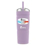 A lavender Bubba travel tumbler with a clear lid and straw, featuring the capacity to keep drinks cold for 18 hours and hot for 6 hours.