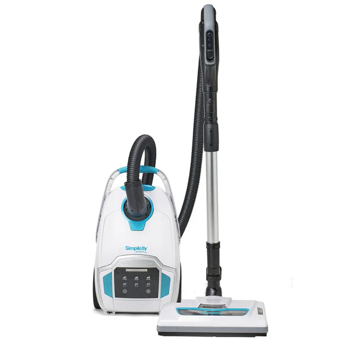 A Simplicity canister vacuum cleaner with a white and teal design, featuring a flexible hose and an adjustable wand with a floor nozzle attachment.
