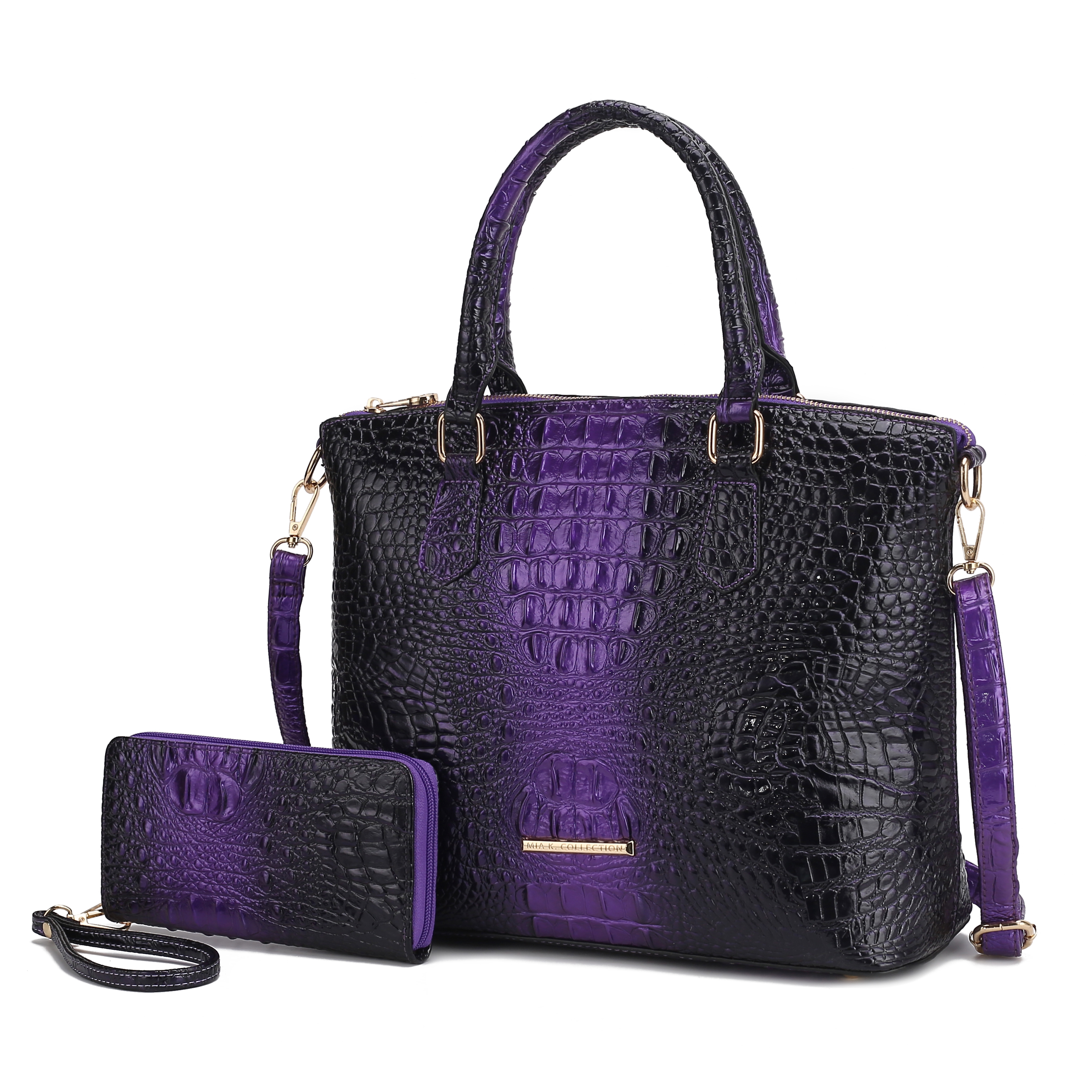A stylish purple and black crocodile-embossed handbag with gold hardware, accompanied by a matching wallet, featuring a detachable strap and dual handles.
