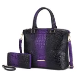 A stylish purple and black crocodile-embossed handbag with gold hardware, accompanied by a matching wallet, featuring a detachable strap and dual handles.