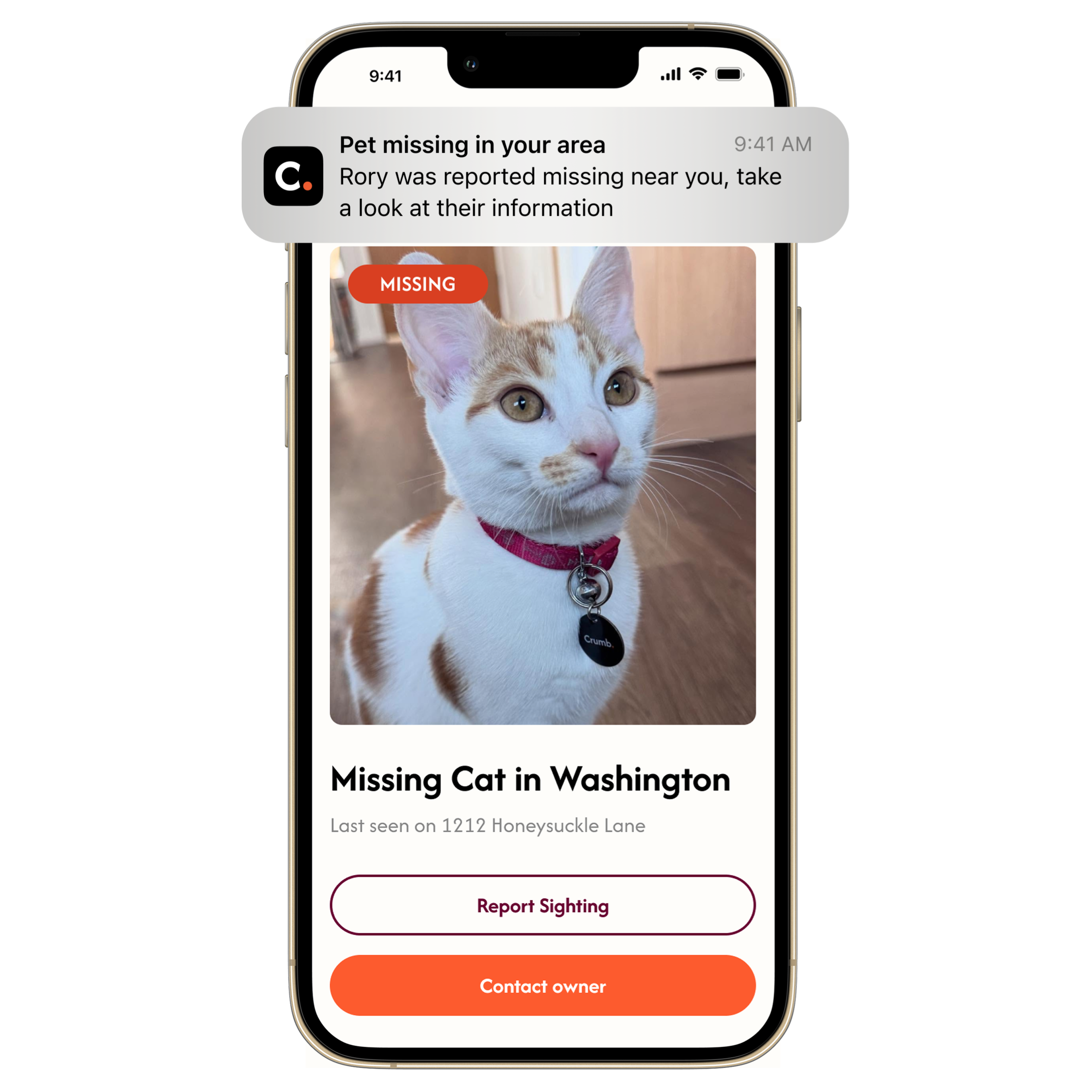 A mobile app notification shows a missing cat alert for Rory, last seen on 1212 Honeysuckle Lane, with options to report a sighting or contact the owner.
