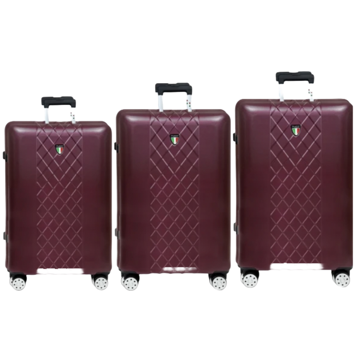 Three pieces of matching burgundy hard-shell luggage with a diamond pattern, each varying in size with retractable handles and wheels.