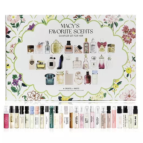 Macy's Favorite Scents Sampler Set for Her includes various women's perfume samples with a floral-themed packaging. The set showcases mini vials of different fragrances.