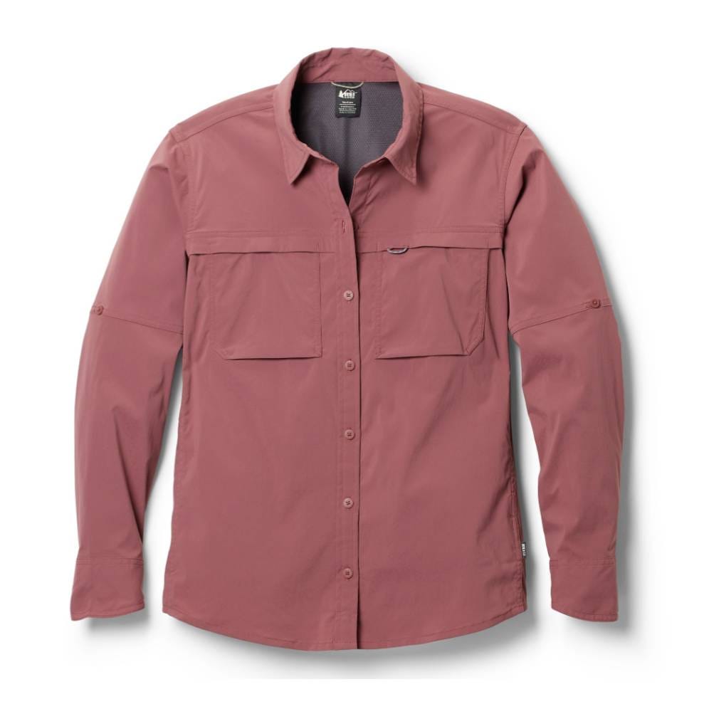 A long-sleeve, collared, button-up shirt in a solid mauve color with front pockets.