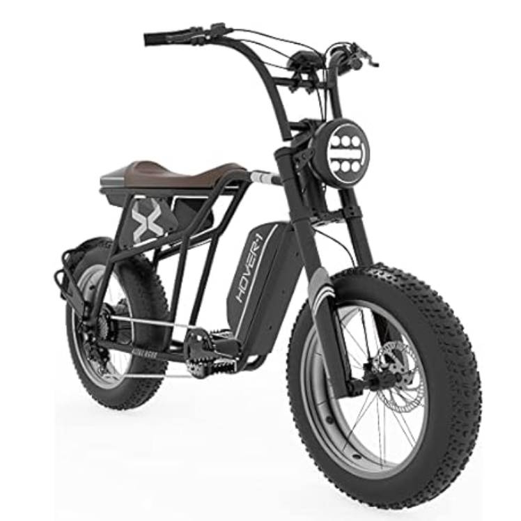 An adult electric bike with fat tires, a black frame, brown seat, a front LED headlight, and a branded battery attached to the frame.