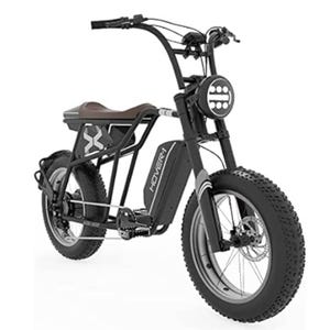 An adult electric bike with fat tires, a black frame, brown seat, a front LED headlight, and a branded battery attached to the frame.