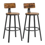 Two industrial-style bar stools with round wooden seats and backs, featuring black metal frames and footrests.