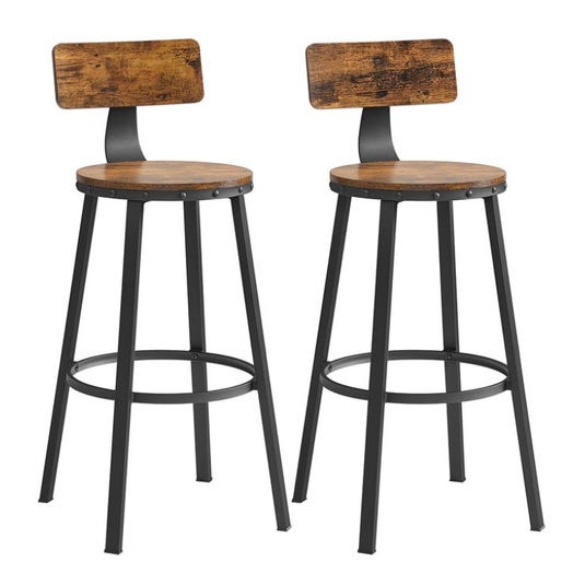 Two industrial-style bar stools with round wooden seats and backs, featuring black metal frames and footrests.