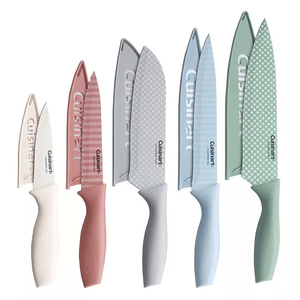 A set of colorful kitchen knives, each with matching blade covers, from Cuisinart. They include various types of knives like a paring knife, serrated knife, Santoku knife, and chef's knife, all with patterned designs and ergonomic handles.