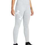 Gray Under Armour Women's Leggings featuring a high waist and large white logo on the left thigh, paired with black shoes.