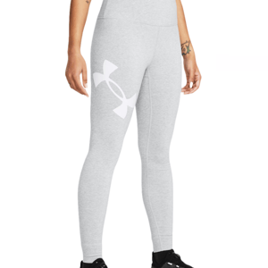 Gray Under Armour Women's Leggings featuring a high waist and large white logo on the left thigh, paired with black shoes.