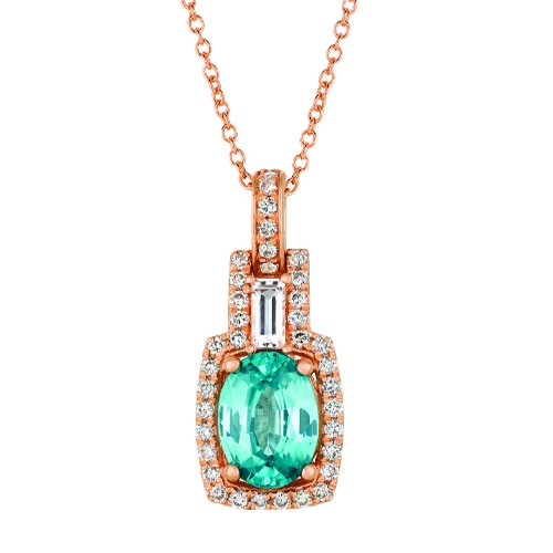A rose gold necklace featuring an oval green gemstone pendant, highlighted by a surrounding halo of small round diamonds, and a single baguette diamond above the main stone.