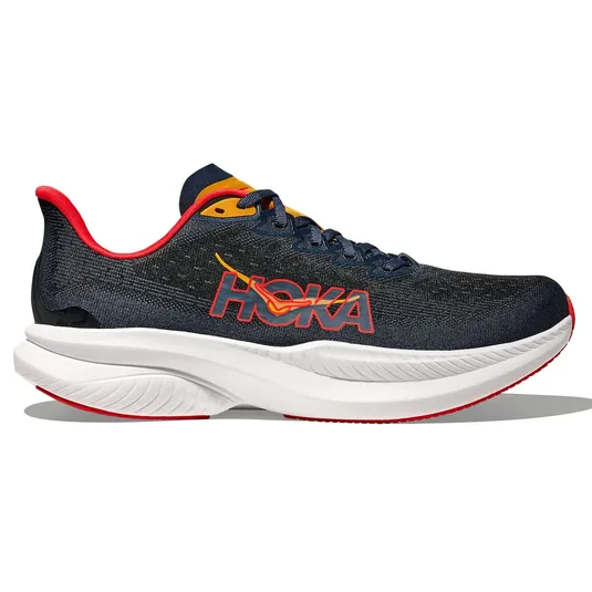A black and red HOKA running shoe with a prominent logo on the side and a thick, white, curved sole designed for cushioning and support.