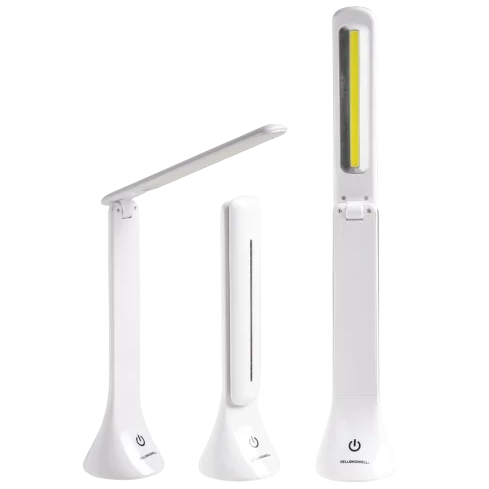 A foldable LED desk lamp with a touch power button, shown in three different positions: fully extended, partially closed, and fully closed.