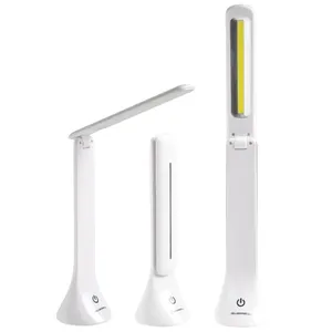 A foldable LED desk lamp with a touch power button, shown in three different positions: fully extended, partially closed, and fully closed.