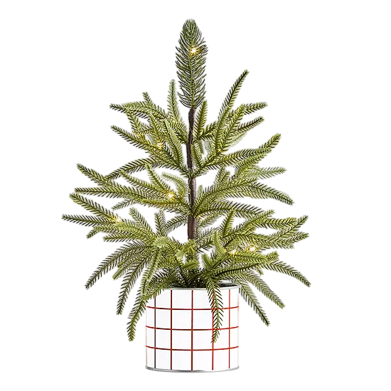 A small artificial Christmas tree with green pine needles in a pot with a red grid pattern, featuring subtle integrated lights, suitable for indoor holiday decor.