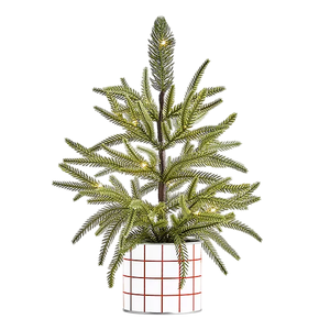 A small artificial Christmas tree with green pine needles in a pot with a red grid pattern, featuring subtle integrated lights, suitable for indoor holiday decor.