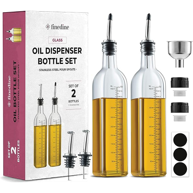 Two glass oil dispenser bottles with stainless steel pour spouts and measuring labels; includes additional caps and a funnel.