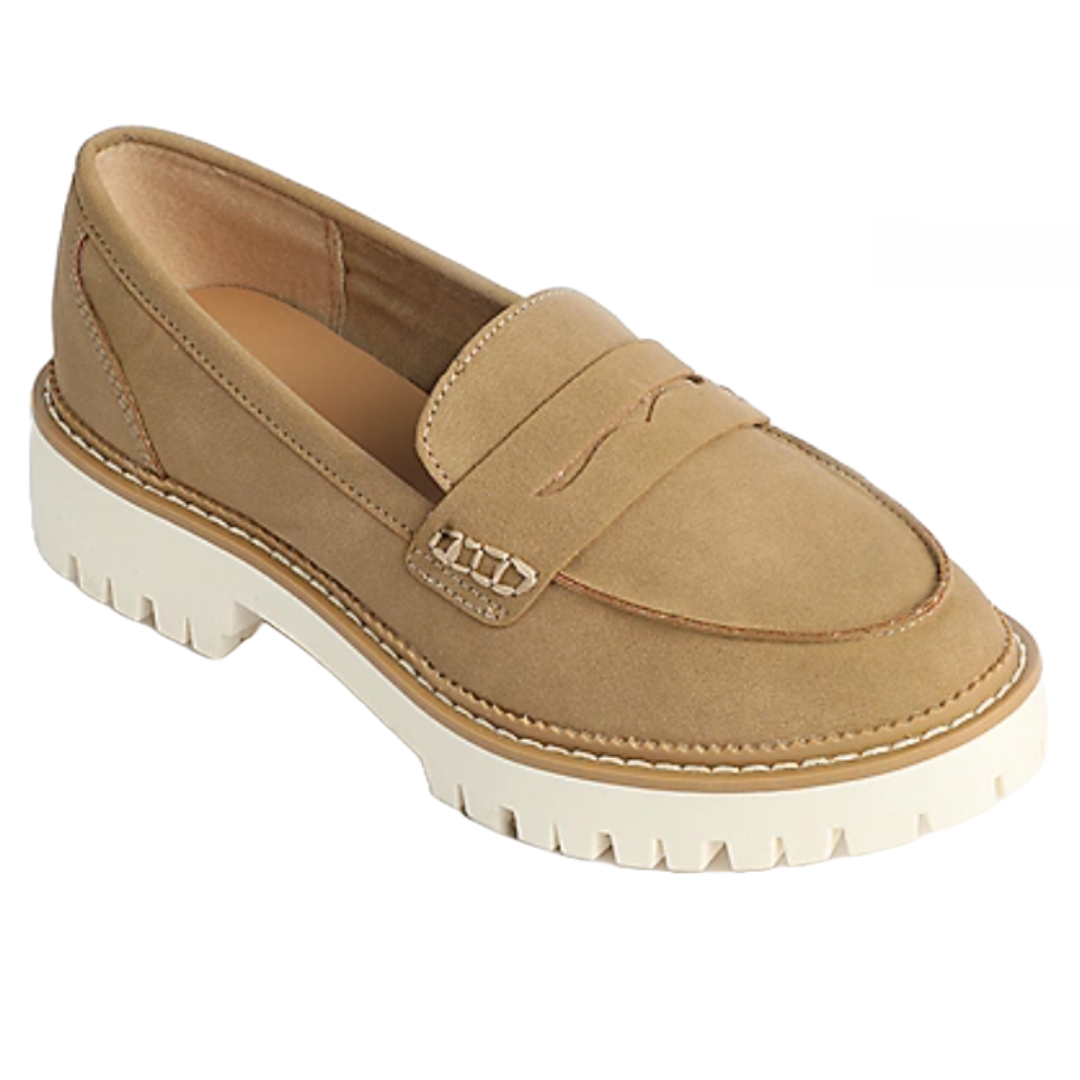 Maurices Loafers feature a tan suede upper with a penny strap detail and a chunky white lug sole, providing a stylish and comfortable look.