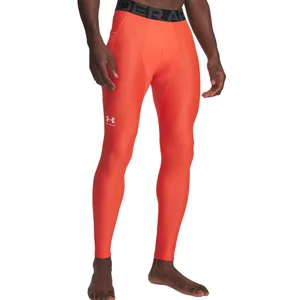 Bright orange Under Armour compression leggings for men with a black waistband and brand logo on the thigh.