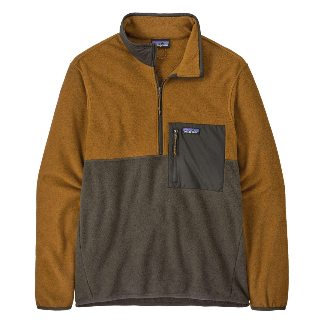 Brown and olive quarter-zip fleece pullover with a contrasting zippered chest pocket and a small logo patch.