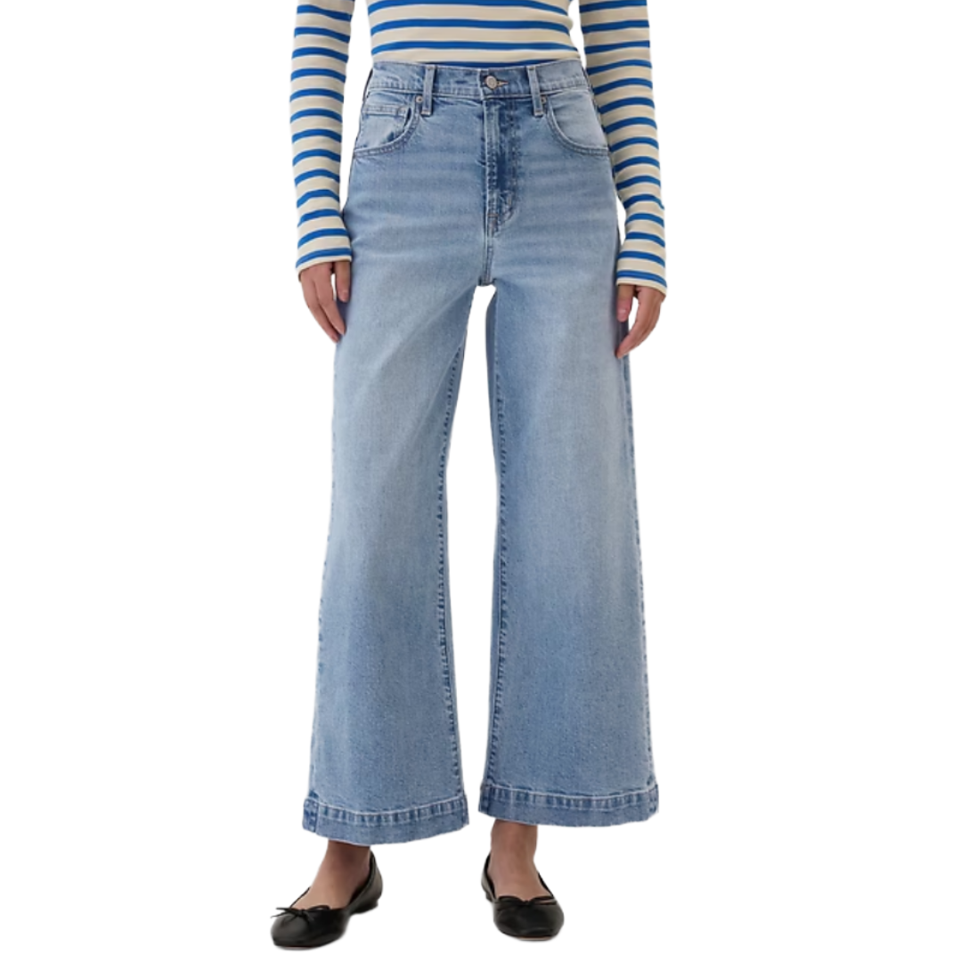 Wide-leg light blue jeans paired with a blue and white striped shirt, accompanied by black ballet flats.