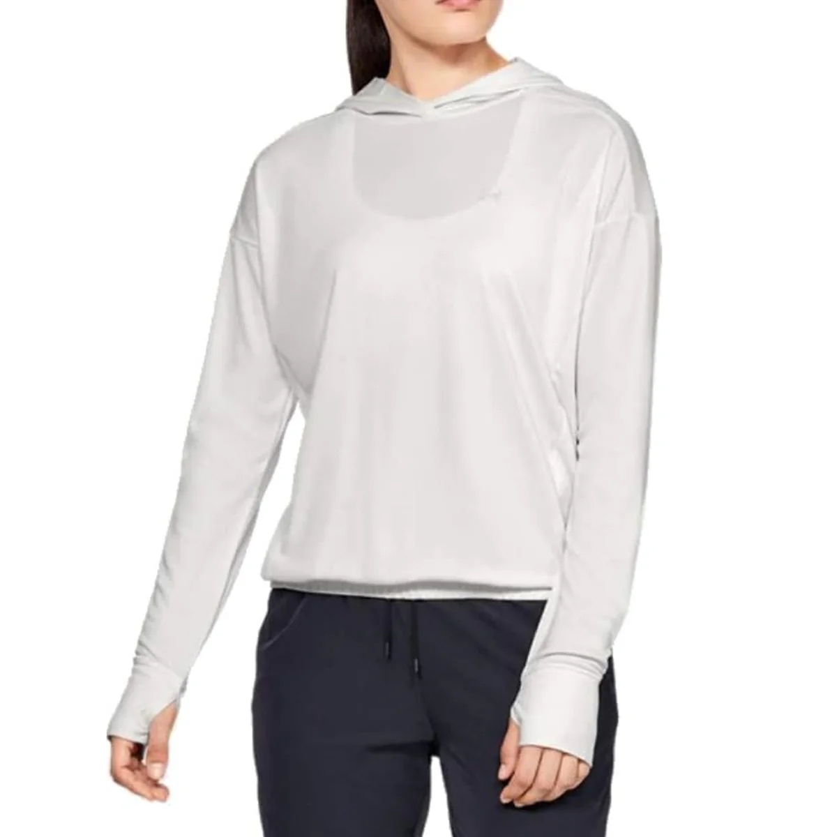 Under Armour Women's Sun Hoodie features a lightweight, long-sleeve design with a hood, thumbholes, and a loose fit, made from a light-colored fabric suitable for sun protection and activewear.