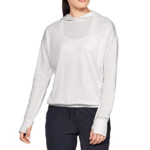 Under Armour Women's Sun Hoodie features a lightweight, long-sleeve design with a hood, thumbholes, and a loose fit, made from a light-colored fabric suitable for sun protection and activewear.