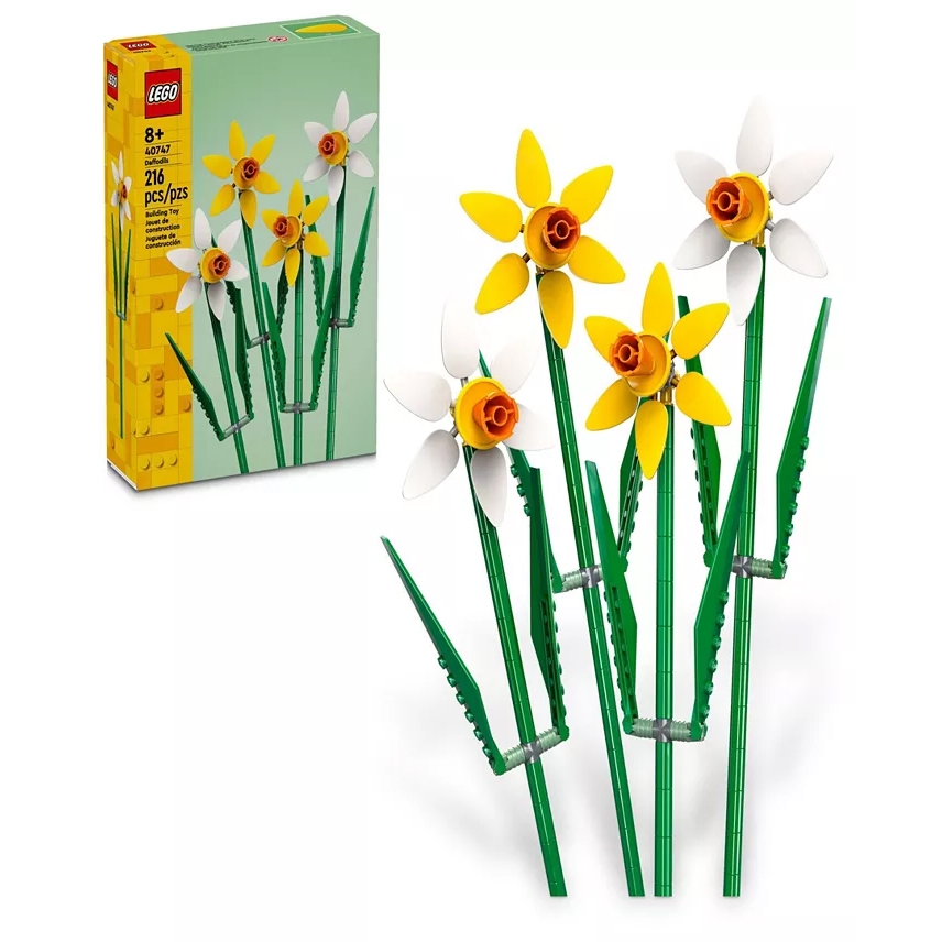 LEGO Daffodils set for ages 8 and up, featuring 216 pieces to create yellow and white daffodil flowers.
