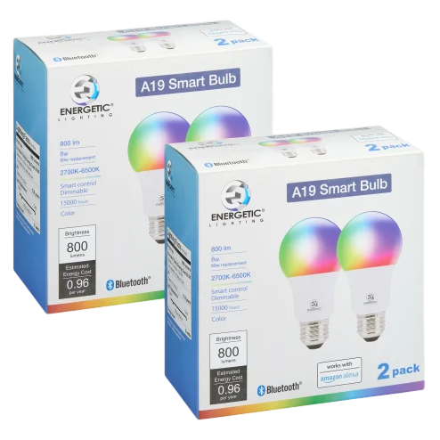 Two boxes of Energetic Lighting A19 Smart Bulbs, each containing two bulbs. Features include 800 lumens, 8W, color range 2700K-6500K, Bluetooth connectivity, dimmable, smart control, and compatibility with Amazon Alexa.