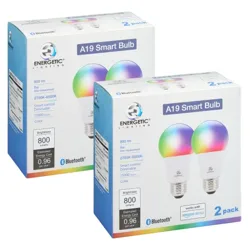 Two boxes of Energetic Lighting A19 Smart Bulbs, each containing two bulbs. Features include 800 lumens, 8W, color range 2700K-6500K, Bluetooth connectivity, dimmable, smart control, and compatibility with Amazon Alexa.