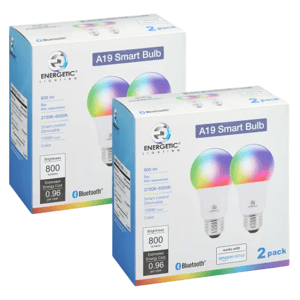Two boxes of Energetic Lighting A19 Smart Bulbs, each containing two bulbs. Features include 800 lumens, 8W, color range 2700K-6500K, Bluetooth connectivity, dimmable, smart control, and compatibility with Amazon Alexa.