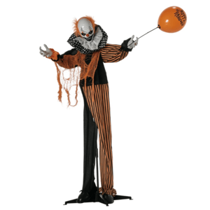 A Halloween clown decoration with a creepy face, wearing an orange and black striped outfit, holding an orange balloon that reads \“Happy Halloween.\“