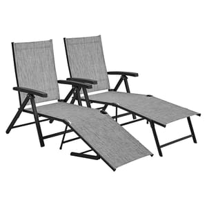 A set of two gray reclining folding lounge chairs with armrests and adjustable backrests, featuring sturdy black frames.