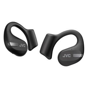 JVC Open Ear Wireless Headphones are black with an over-ear hook design, offering an open ear listening experience. They feature the JVC logo on each piece and are designed to provide comfort during extended use.