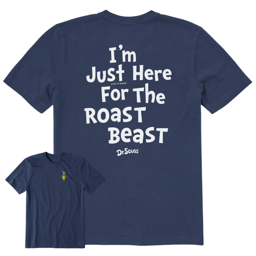 Navy blue t-shirt featuring the text \“I'm Just Here For The Roast Beast\“ with Dr. Seuss branding on the back and a small Grinch graphic on the front.