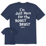 Navy blue t-shirt featuring the text \“I'm Just Here For The Roast Beast\“ with Dr. Seuss branding on the back and a small Grinch graphic on the front.
