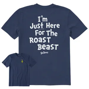Navy blue t-shirt featuring the text \“I'm Just Here For The Roast Beast\“ with Dr. Seuss branding on the back and a small Grinch graphic on the front.