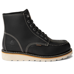Black leather work boot with white stitching, high ankle design, and a waterproof label. Features black laces and a white, lugged sole.