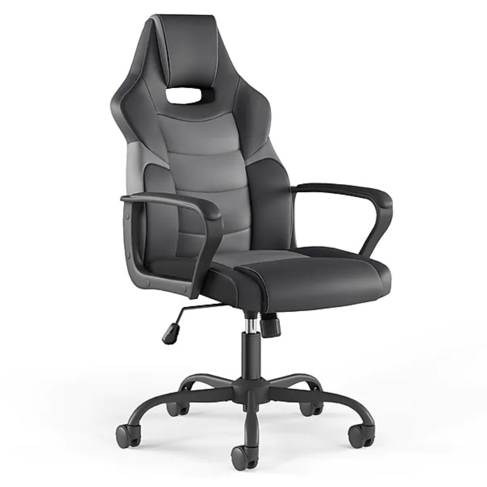 A black ergonomic office chair with a gaming style design, featuring a high backrest, padded armrests, and adjustable height on a wheeled base.