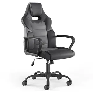A black ergonomic office chair with a gaming style design, featuring a high backrest, padded armrests, and adjustable height on a wheeled base.