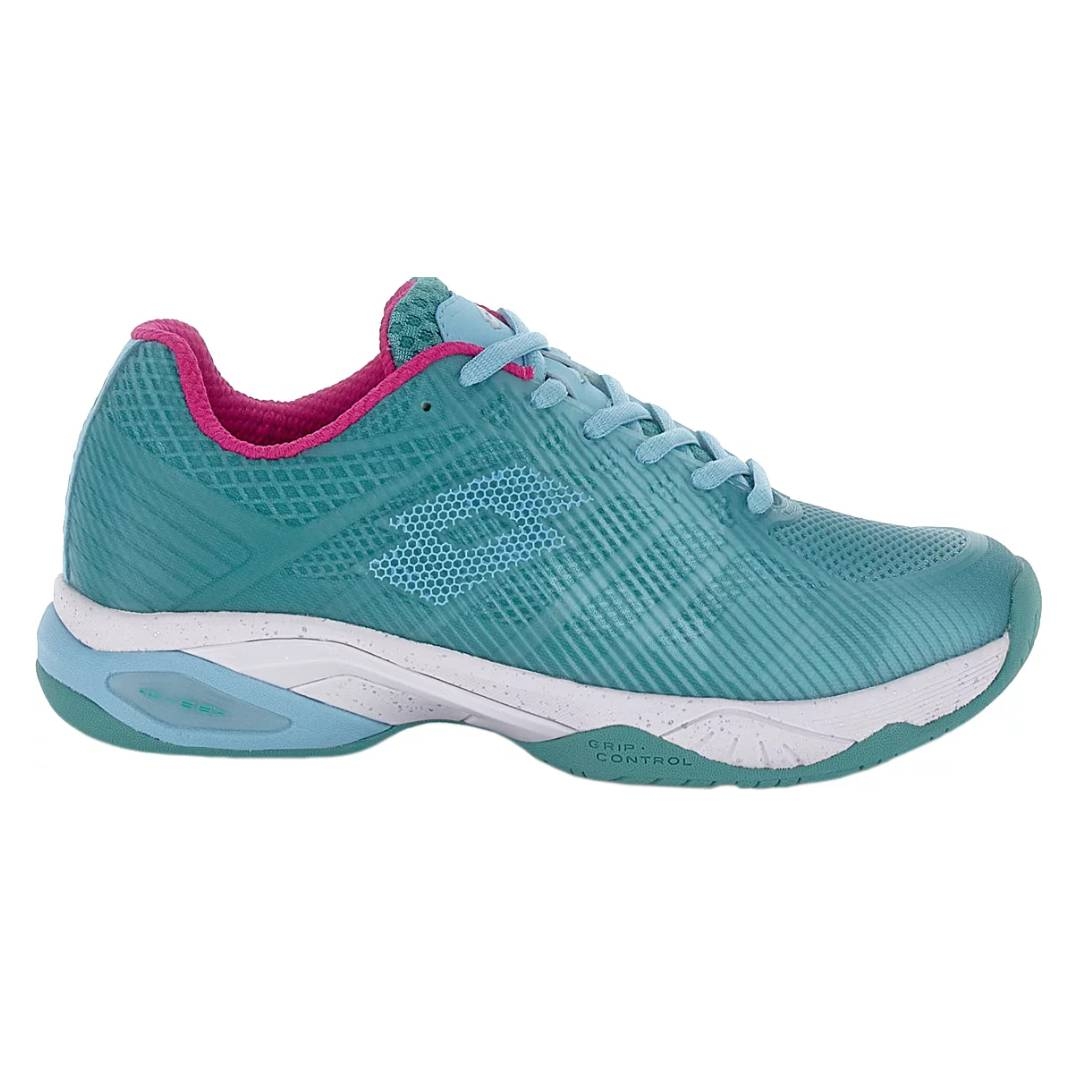 Turquoise athletic shoe with pink interior lining, light blue laces, and white sole; features mesh upper and \“grip control\“ on the midsole.