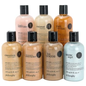 The 7-piece set includes Philosophy holiday shower gels: Frosted Snowflakes, Coconut Frosting, Cozy by the Fire, Cinnamon Sugar Apples, The Sweetest Nutcracker, Hot Cocoa, and Snow Angel. Each bottle contains 240 ml/8 fl. oz.