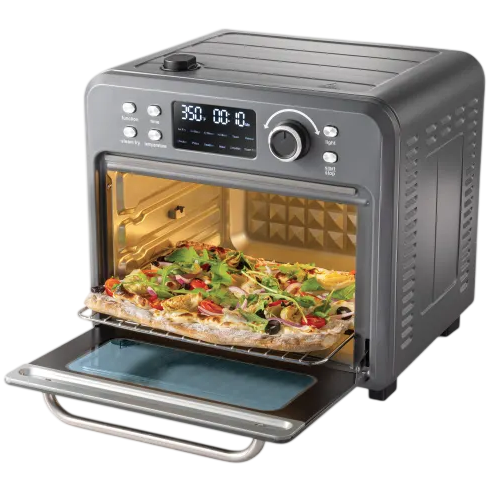 A digital countertop toaster oven with an LED display is cooking a pizza.
