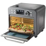 A digital countertop toaster oven with an LED display is cooking a pizza.