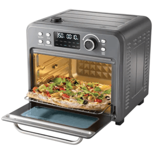 A digital countertop toaster oven with an LED display is cooking a pizza.