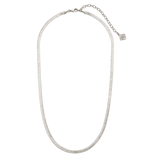 A silver-toned snake chain necklace with an adjustable clasp and a small decorative charm at the end of the extender chain.