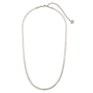 A silver-toned snake chain necklace with an adjustable clasp and a small decorative charm at the end of the extender chain.