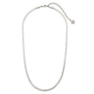 A silver-toned snake chain necklace with an adjustable clasp and a small decorative charm at the end of the extender chain.